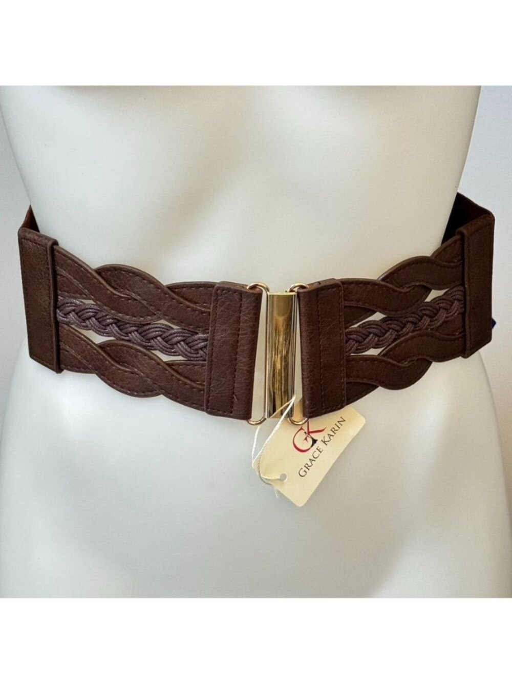 GK GRACE KARIN Belt Brown Faux Leather Front Elastic Back Gold Tone Women’s XL
